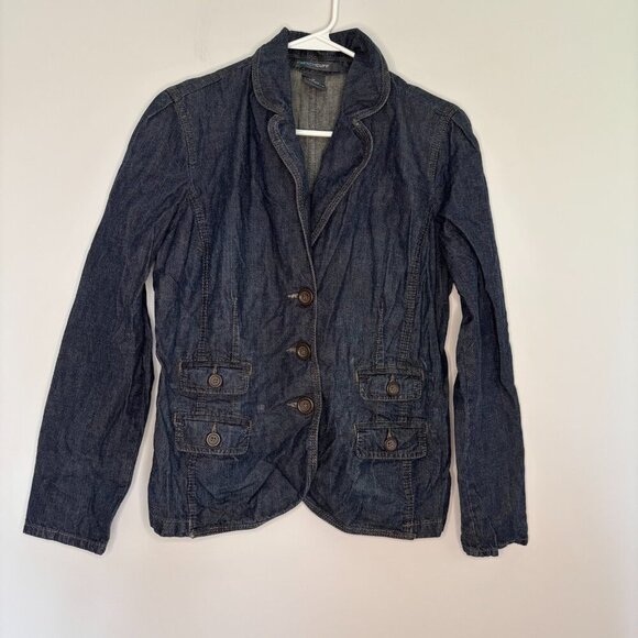 FRENCH CUFF Blazer Womens Medium Denim Buttons Double Pocket Casual Notch Collar - Picture 1 of 4